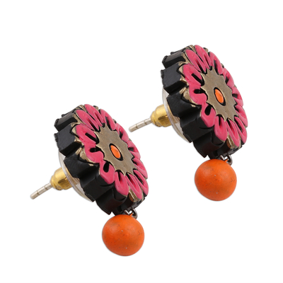 Ceramic dangle earrings, 'Sunset Beauty' - Hand-Painted Pink and Orange Floral Ceramic Dangle Earrings