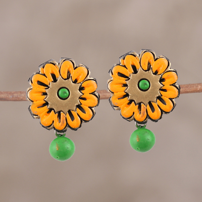Ceramic dangle earrings, 'Sunrise Beauty' - Hand-Painted Green and Orange Floral Ceramic Dangle Earrings