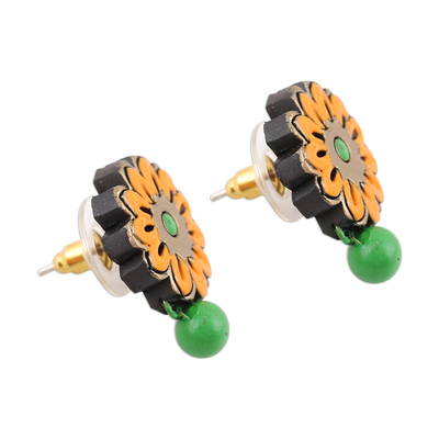 Ohrhänger aus Keramik - Handbemalte grüne und orange florale Keramik-Ohrringe