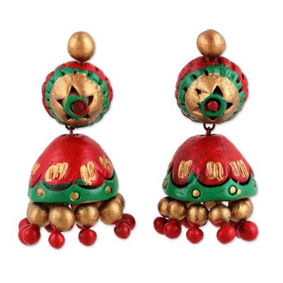Ceramic dangle earrings, 'Festive Red' - Festive Red Green and Gold Ceramic Jhumki Dangle Earrings