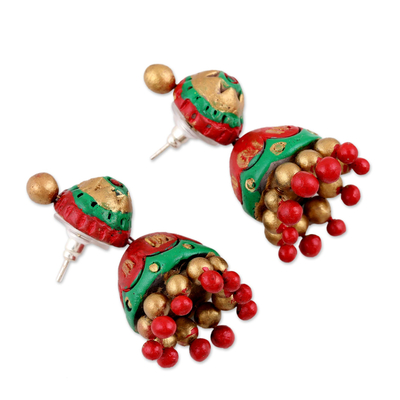 Ceramic dangle earrings, 'Festive Red' - Festive Red Green and Gold Ceramic Jhumki Dangle Earrings