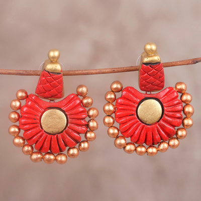 Ceramic dangle earrings, 'Red Bangalore' - Red and Gold Hand-Painted Flower Ceramic Dangle Earrings