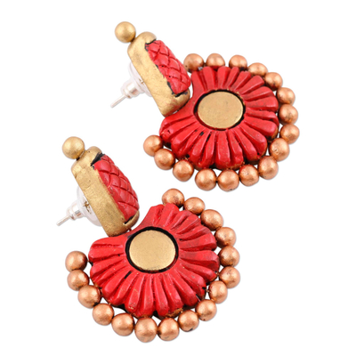 Ceramic dangle earrings, 'Red Bangalore' - Red and Gold Hand-Painted Flower Ceramic Dangle Earrings