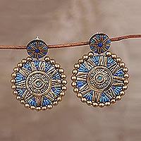 Pendientes colgantes de cerámica, 'Chakra azul floral' - Pendientes colgantes de cerámica floral pintados a mano en azul y oro