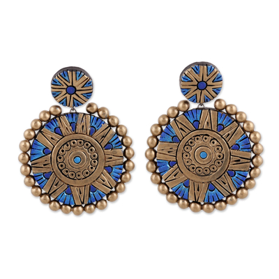 Ceramic dangle earrings, 'Floral Blue Chakra' - Blue and Gold Hand-Painted Floral Ceramic Dangle Earrings