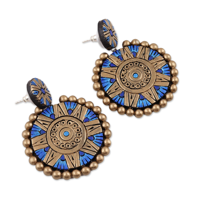 Ohrhänger aus Keramik - Blaue und goldene handbemalte florale Keramik-Ohrringe