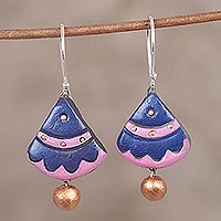 Ceramic dangle earrings, 'Majestic Fan' - Hand-Painted Majestic Fan Ceramic Pair of Dangle Earrings