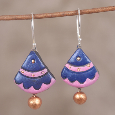 Ceramic dangle earrings, 'Majestic Fan' - Hand-Painted Majestic Fan Ceramic Pair of Dangle Earrings