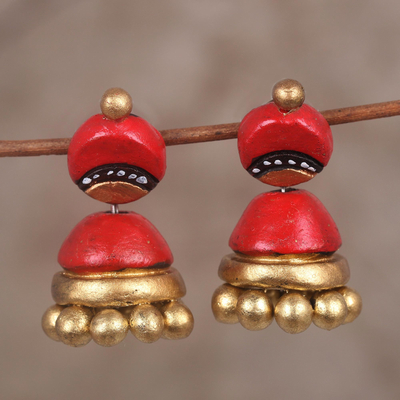 Ceramic dangle earrings, 'Magical Red' - Red and Gold Jhumki Ceramic Parasol Dangle Post Earrings