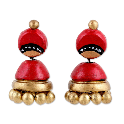 Pendientes colgantes de cerámica - Pendientes colgantes con poste de sombrilla de cerámica Jhumki rojo y dorado