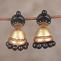 Ceramic dangle earrings, 'Magical Gold' - Black and Gold Jhumki Ceramic Parasol Dangle Post Earrings