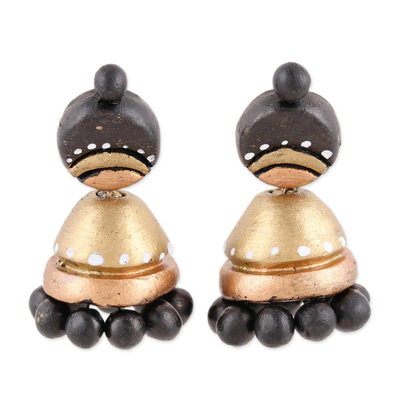 Pendientes colgantes de cerámica - Pendientes colgantes con poste de sombrilla de cerámica Jhumki en negro y dorado