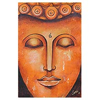 'Buda en paz' ​​- Pintura expresionista de Buda en naranja de la India