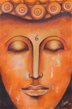'Buddha At Peace' - Expressionist Painting of Buddha in Orange from India