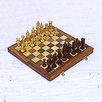 Wood chess set, 'Lotus Splendor' - Acacia Wood Lotus Chess Set with Magnetic Playing Pieces