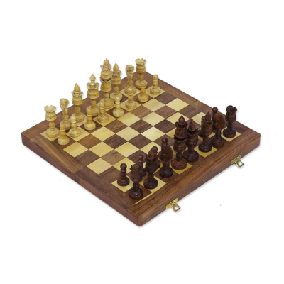 Acacia Wood Lotus Chess Set with Magnetic Playing Pieces