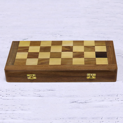 Wood chess set, 'Persian Grandeur' - Acacia and Kadam Wood Chess Set with Storage Inside