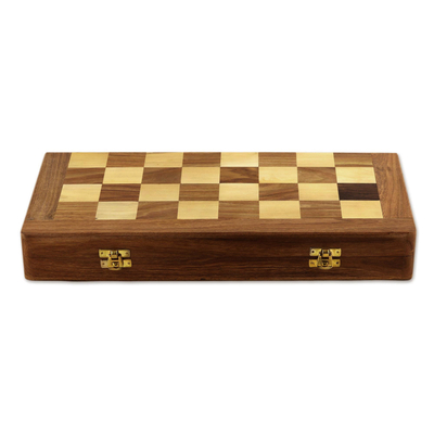Wood chess set, 'Persian Grandeur' - Acacia and Kadam Wood Chess Set with Storage Inside