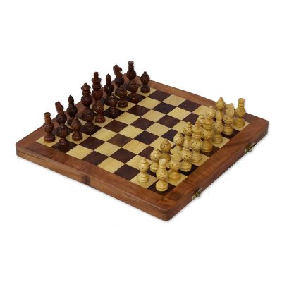 Wood chess set, 'Starry Pastime' - Wood Inlay Chess Set with Star Motif Playing Pieces