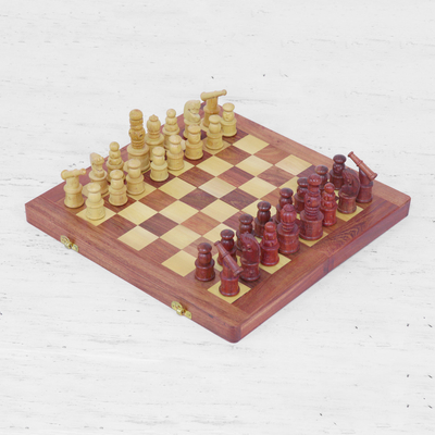 Wood chess board game, 'Classic Pastime' - Handmade Portable Wood Chess Board Game Set from India
