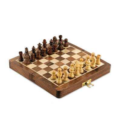 Acacia Wood Velvet Chess Set with Playing Pieces and Storage