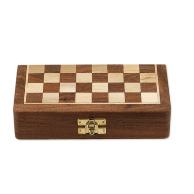 Mini-Schachspiel aus Holz - Schachspiel aus Samt aus Akazienholz mit Spielfiguren und Aufbewahrung