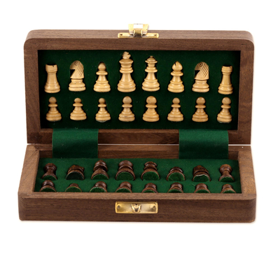 Wood mini chess set, 'Royal Pastime' - Acacia Wood Velvet Chess Set with Playing Pieces and Storage