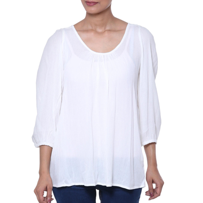 Rayon blouse, 'Dreamy' - Snow White Floral Yoke Three-Quarter Sleeve Rayon Blouse
