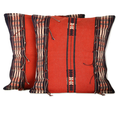 Cotton cushion covers, 'Burning Dawn' (pair) - 2 Cotton Handwoven Paprika Red Cushion Covers from India