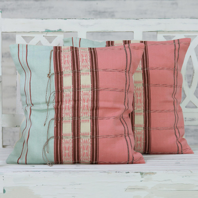 Cotton cushion covers, 'Soft Fusion' (pair) - 2 Backstrap Loom Handwoven Pink Cotton Cushion Covers
