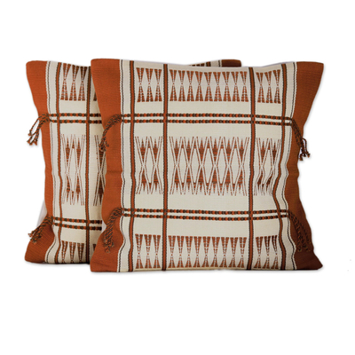 Cotton cushion covers, 'Afternoon Harvest' (pair) - 100% Cotton Handmade Orange Loomed Cushion Cover Pair