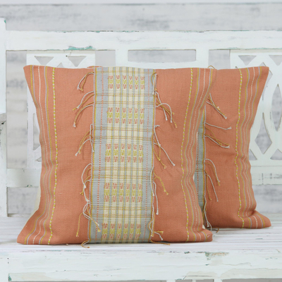 Cotton cushion covers, 'Morning Stroll' (pair) - Handwoven Orange Blue Fringed Cotton Cushion Covers (Pair)