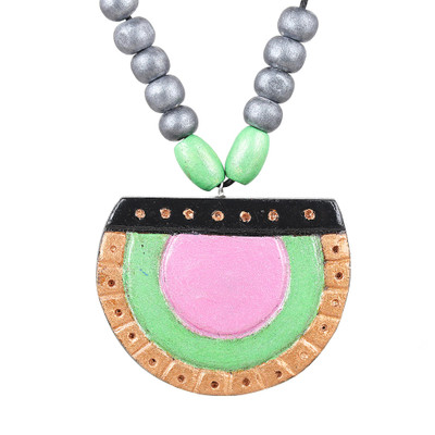 Coconut Shell Full Moon Ivory Wood Beaded Pendant Necklace