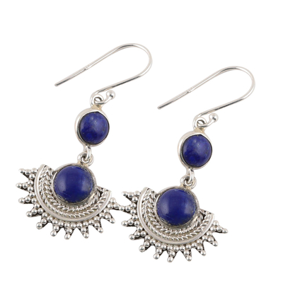 Lapis lazuli dangle earrings, 'Sweetly Radiant' - Sterling Silver Round Blue Lapis Lazuli Dangle Earrings