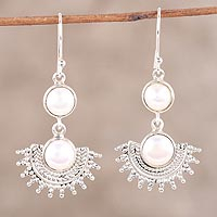 Cultured pearl dangle earrings, 'Sweetly Radiant' - Sterling Silver Round White Cultured Pearl Dangle Earrings