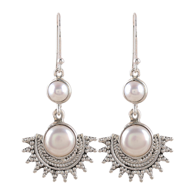 Cultured pearl dangle earrings, 'Sweetly Radiant' - Sterling Silver Round White Cultured Pearl Dangle Earrings