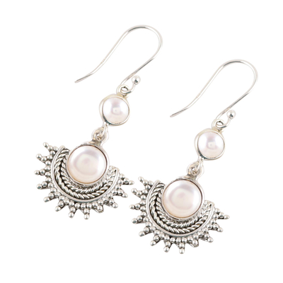 Aretes colgantes de perlas cultivadas - Pendientes colgantes redondos de perlas cultivadas blancas en plata de ley