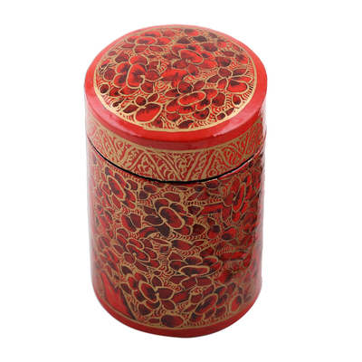 Papier mache toothpick holder, 'Red Floral Beauty' - Hand-Painted Red and Gold Floral Wood Toothpick Holder