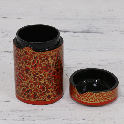 Papier mache toothpick holder, 'Red Floral Beauty' - Hand-Painted Red and Gold Floral Wood Toothpick Holder