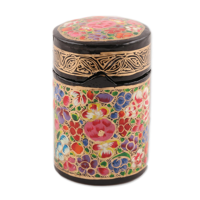 Papier mache toothpick holder, 'Floral Explosion' - Hand-Painted Multi-Colored Floral Wood Toothpick Holder