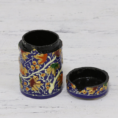 Papier mache toothpick holder, 'Chinar Delight' - Hand-Painted Blue Floral Leaves Wood Toothpick Holder