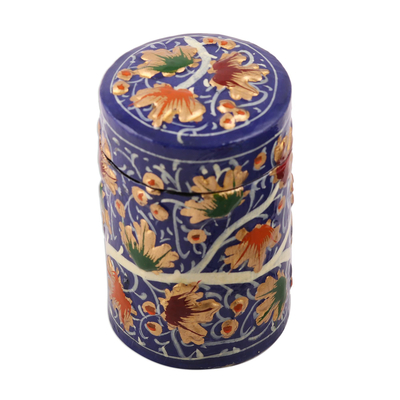 Zahnstocherhalter aus Pappmaché, „Chinar Delight“ – handbemalter Zahnstocherhalter aus Holz mit blauen Blumenblättern
