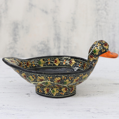 Papier mache decorative bowl, 'Blissful Kashmir' - Hand-Painted Black Floral Decorative Papier Mache Duck Bowl
