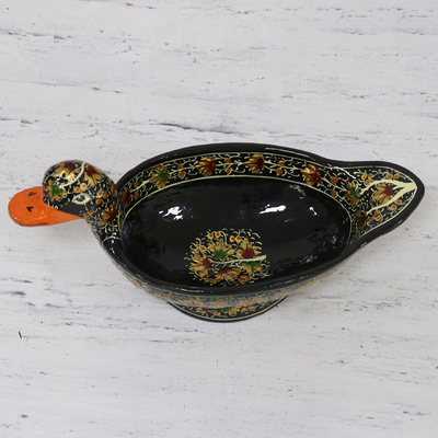 Papier mache decorative bowl, 'Blissful Kashmir' - Hand-Painted Black Floral Decorative Papier Mache Duck Bowl