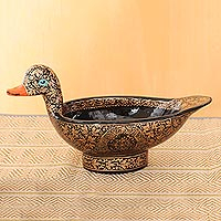 Papier mache decorative bowl, 'Golden Kashmir' - Hand-Painted Golden Chinar Leaf Decorative Duck Bowl