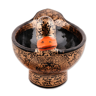 Papier mache decorative bowl, 'Golden Kashmir' - Hand-Painted Golden Chinar Leaf Decorative Duck Bowl