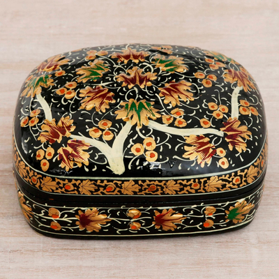 Papier mache decorative box, 'Floral Gathering' - Petite Hand-Painted Black Paper Mache on Wood Box