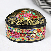 Caja decorativa de papel maché - Caja decorativa con corazón dorado metálico y floral pintada a mano