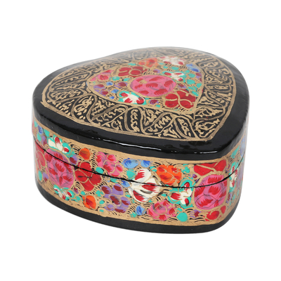 Papier mache decorative box, 'Love of Flowers' - Hand-Painted Floral and Metallic Gold Heart Decorative Box