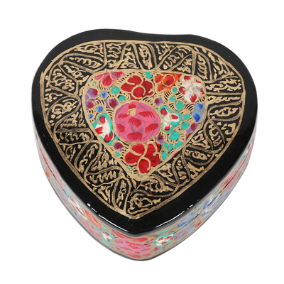 Caja decorativa de papel maché - Caja decorativa con corazón dorado metálico y floral pintada a mano